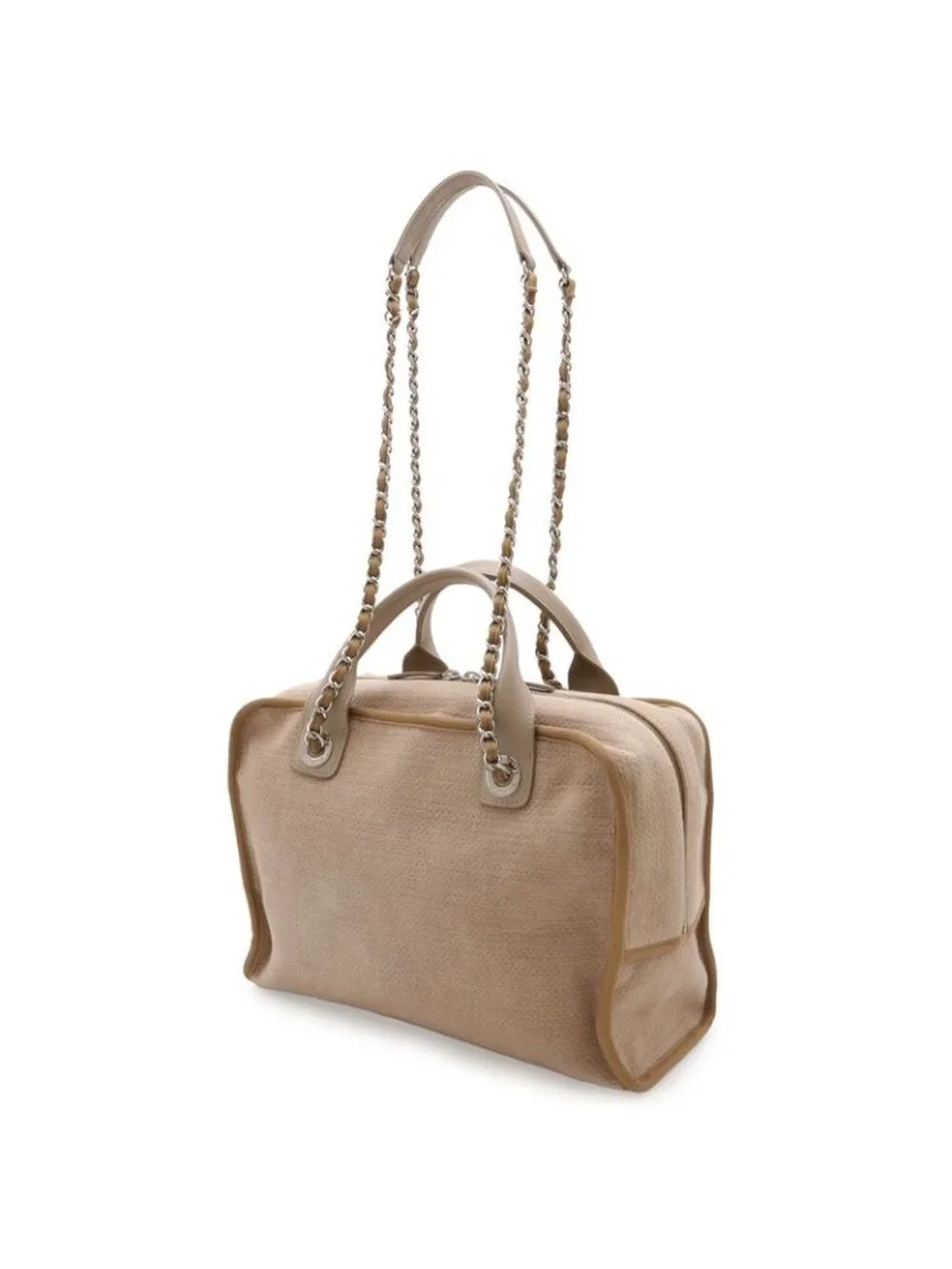 Chanel Deauville Bowling Bag 2-Way Chain Canvas Brown Beige Silver - Picture 2 of 9